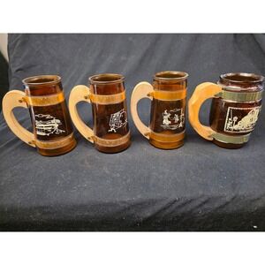 Vintage Siesta Ware Amber Glass Mugs Wood Handle New Orleans Steamboat Set‎ of 4